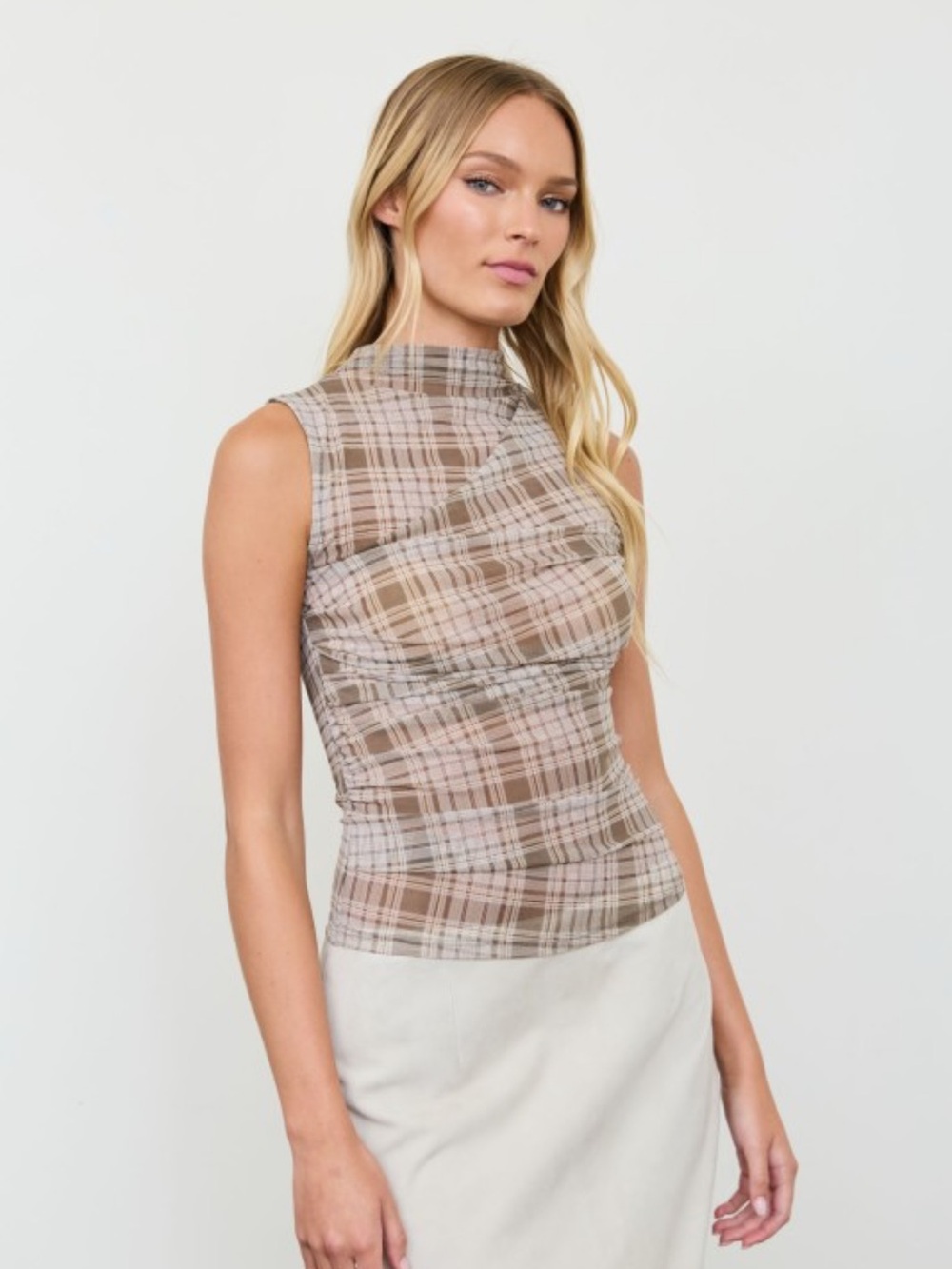 A580. Sleeveless Plaid Mesh Mock Neck Top in Taupe